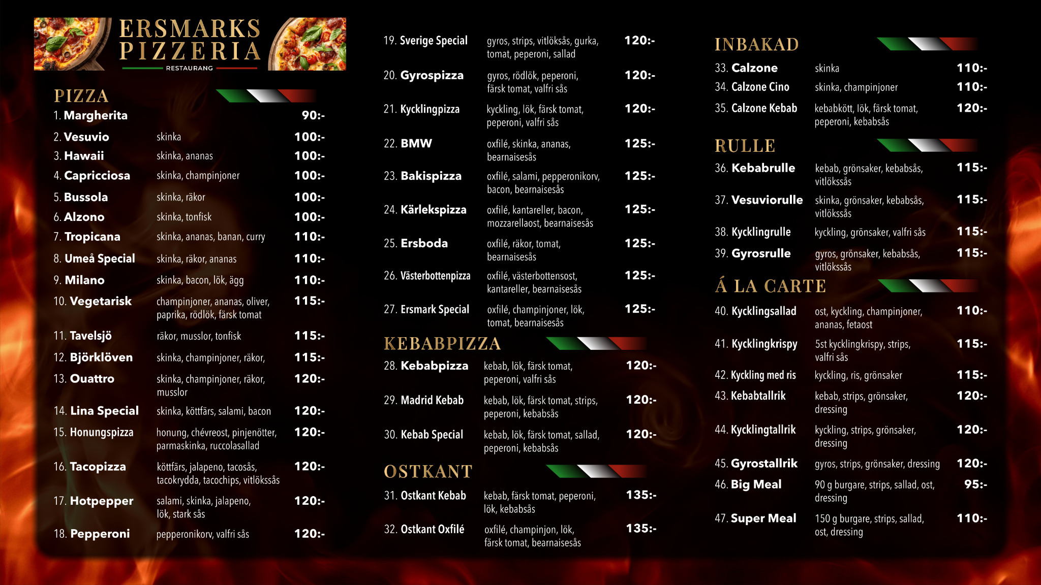 Originalmeny för Ersmarks Pizzeria